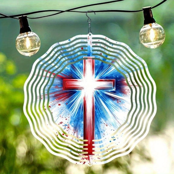 HELLOYOUNG Wind Chime for Outdoor, Red White and Blue Patriotic Cross Metal Wind Chime, Rust-Resistant Patio Garden Decor with Gift Box, Battery-Free Wind Chimes for Home Yard