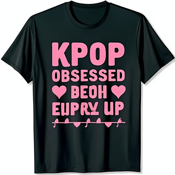 KPOP OBSESSED Black T-Shirt with Pink Graphic Hearts & Birds Design for Fans