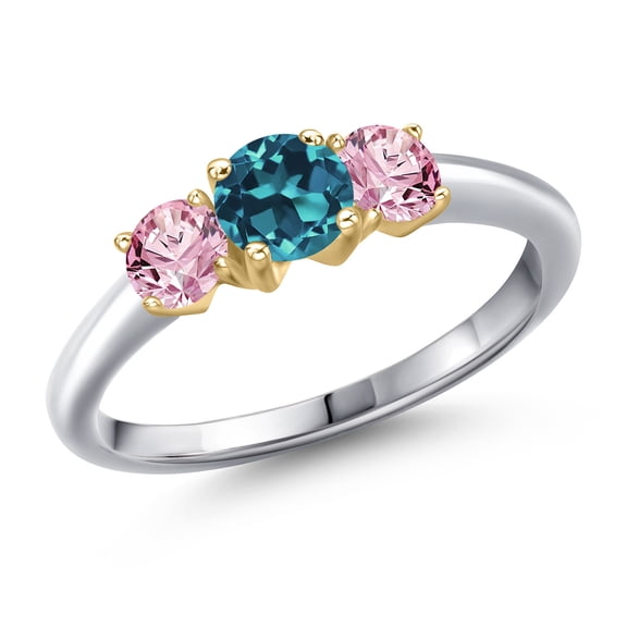Gem Stone King 10K Two Tone Gold London Blue Topaz and Pink Lab Grown Diamond Engagement Ring for Women | 1.20 Cttw | Round 5MM | Gemstone November Birthstone | Size 6