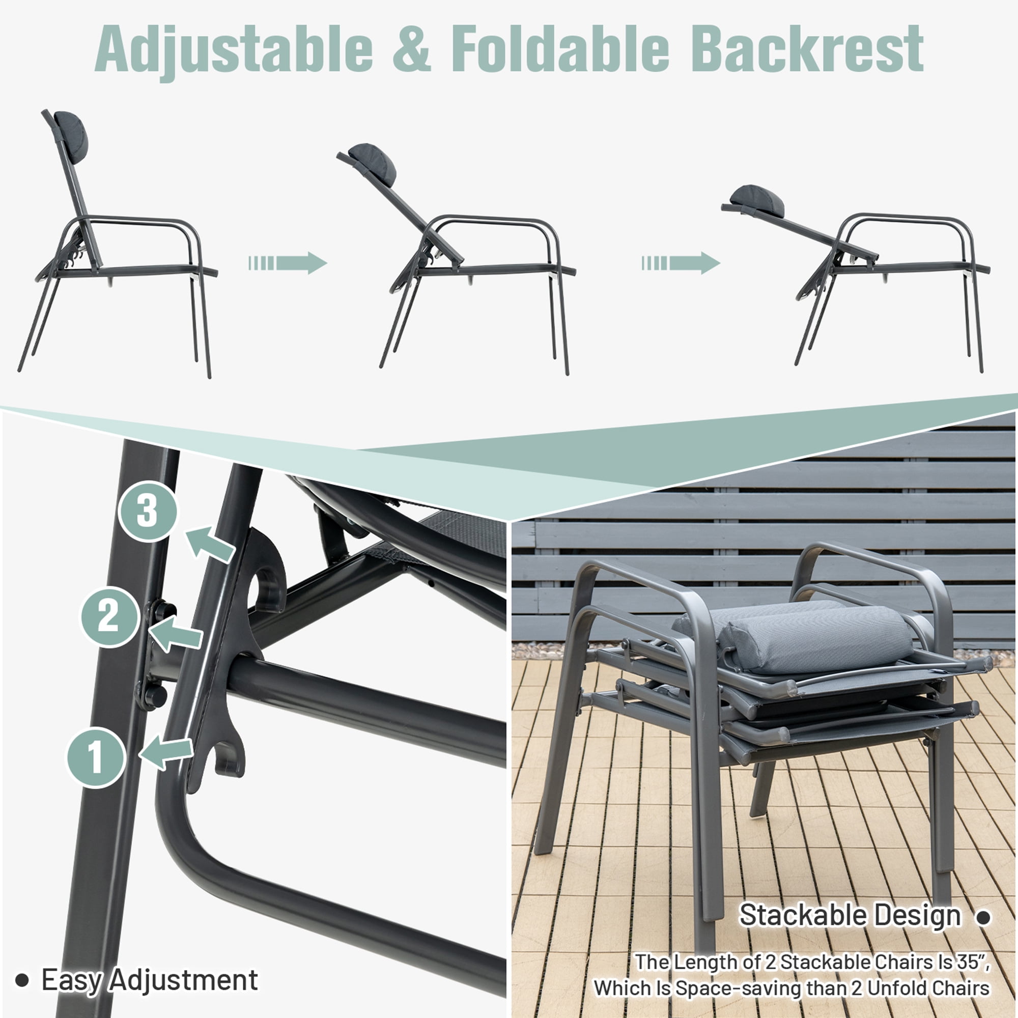 Gymax Grey 3PCS Outdoor Bistro Set Patio Conversation Set w/ Adjustable Backrest