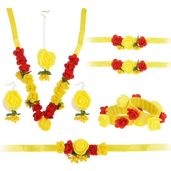 Efulgenz Indian Flower Jewelry Set Handmade Jewelry Necklace Earrings Maang Tikka Cuff Openable Bracelet Set Armlets Waistbelt Kamarband Bridal Indian Jewelry for Women