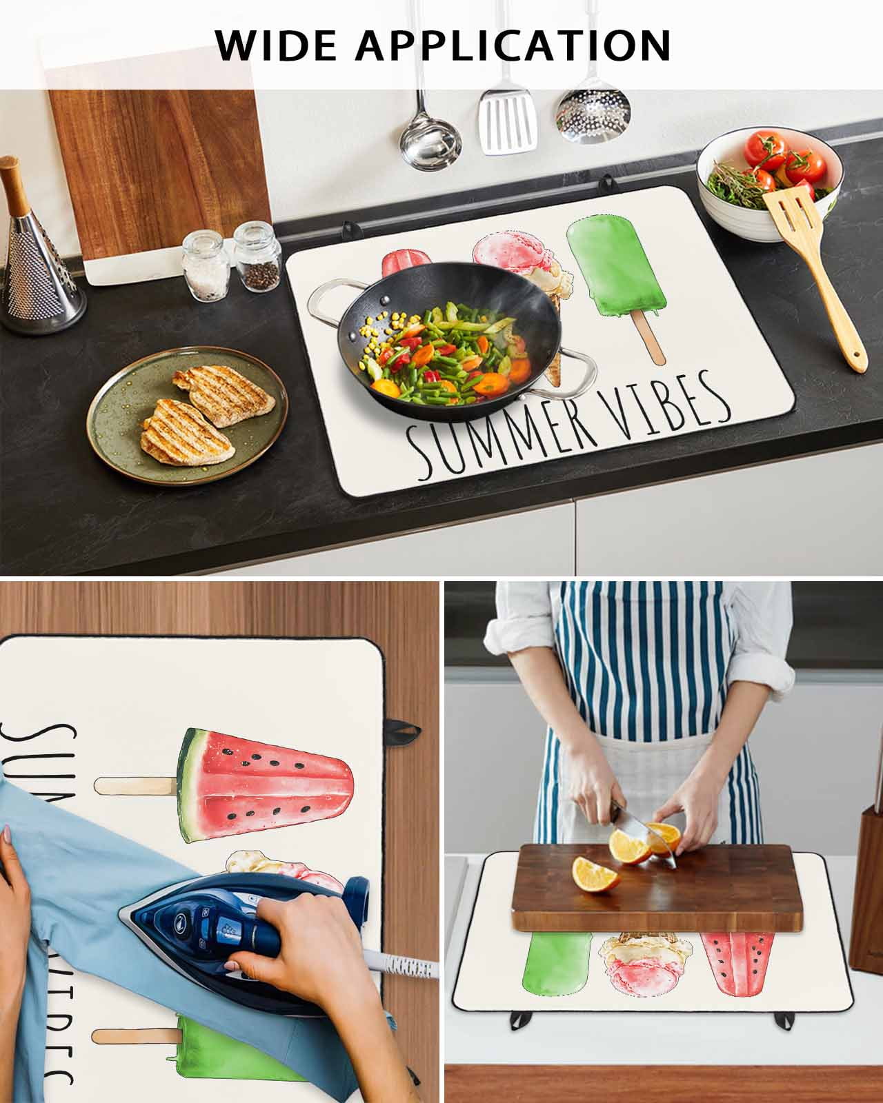nqOlkjepod Large Induction Cooktop Protector Mat 24"x21", Summer Ice Cream Stove Top Covers for Electric Stove, Beige Dessert Watermelon Decorative Stove Burner Cover Mats, Glass Top Stove Cover