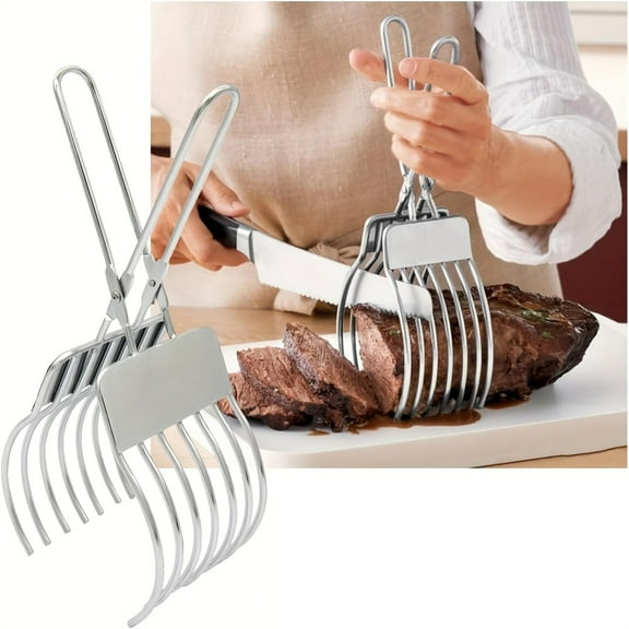 Triani 1Pcs Stainless Steel Roast Beef Cutting Tongs Meat Bread Slicing Tong Onion Holder For Slicing For Slicing Vegetable Fruits Cutting Kitchen Tool