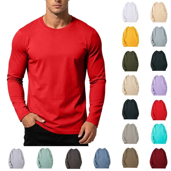 Xaqiouau Mens Pure Cotton Crew Neck Regular Shoulder Versatile Fit Long Sleeve Pullover Top Solid Tone Basic Undershirt Red XXXXL