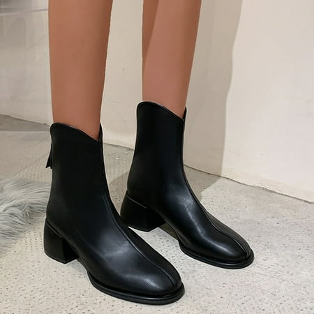 

Ankle Boots Ladies Fashion Solid Color Leather British Style Back Zipper Thick Heel Short Boots