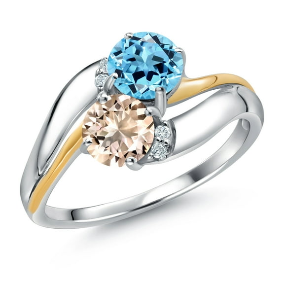Gem Stone King 925 Sterling Silver and 10K Yellow Gold Peach Morganite Swiss Blue Topaz 2 Stone and Lab Grown Diamond Accent Ring for Women (1.08 Cttw, Gemstone October Birthstone, Size 6)