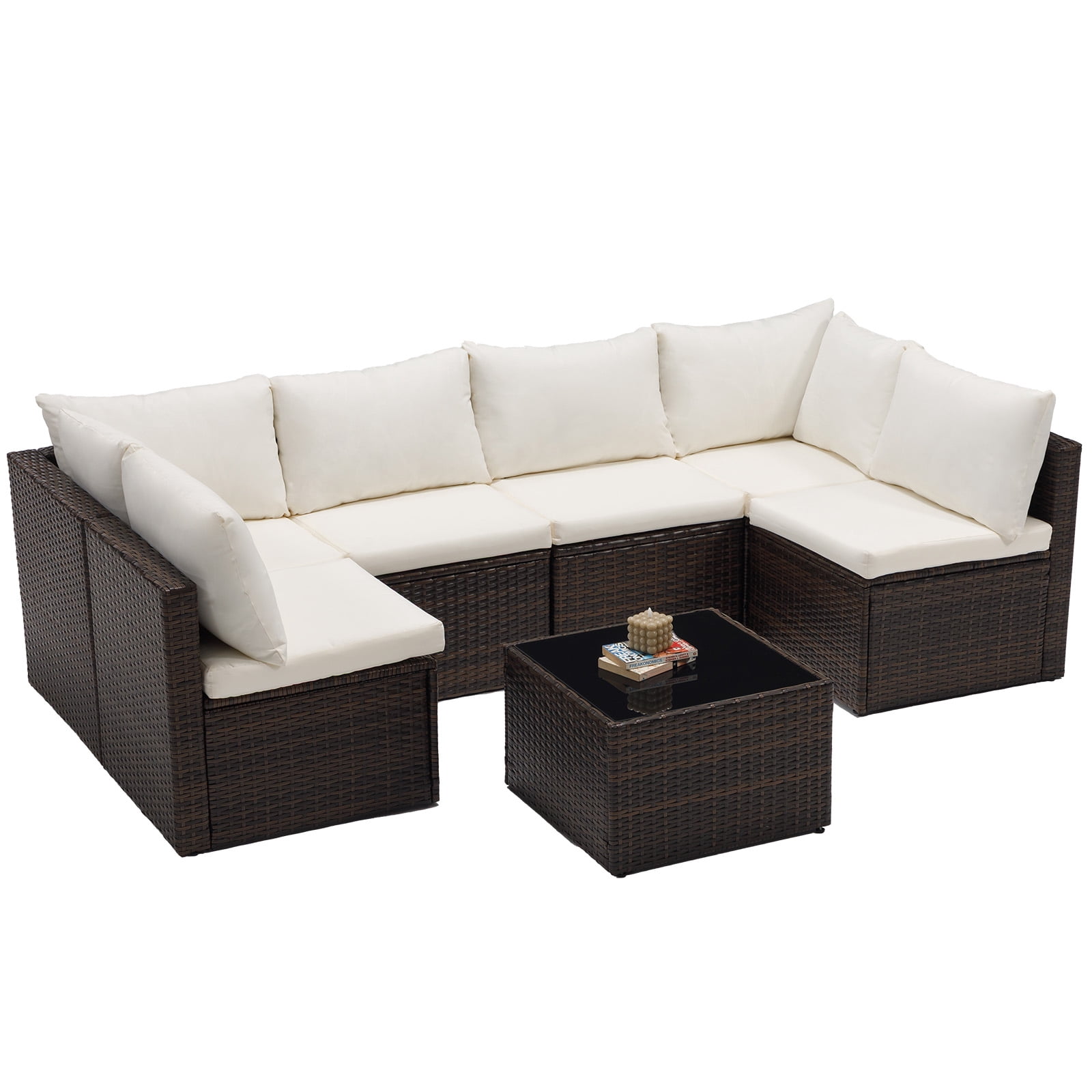 SHOUFTW 7 Piece Patio Furniture Set, Outdoor Wicker Sectional Sofa with Cushions and Glass Table, Brown and Beige