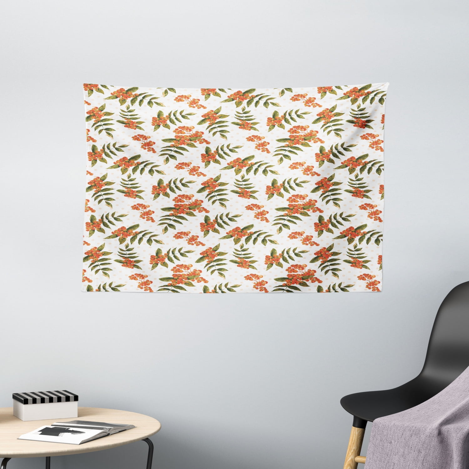 Rowan Tapestry, Botanical Foliage Nature Pattern with Berries on Soft