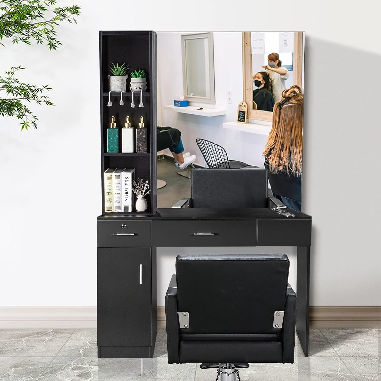 Zimtown Wall Mounted Salon Station with Mirror, 2 Drawers & Storage Cabinet, Black