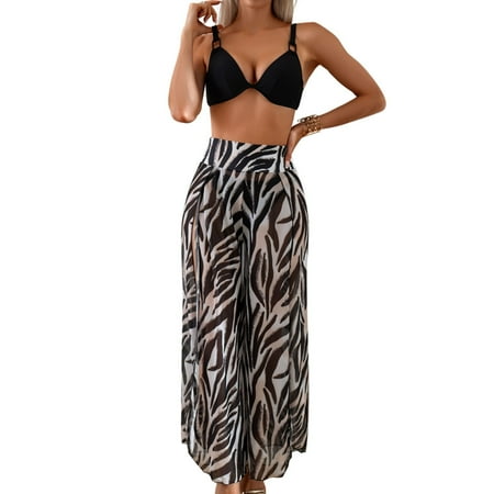 Previn Women s 3 Piece Bikini Set Cover Up Pant Printed Adjustable Shoulder Straps Bath Suit Cool Curvy Brief Beachwear Billowy Spring Break Zebra Small
