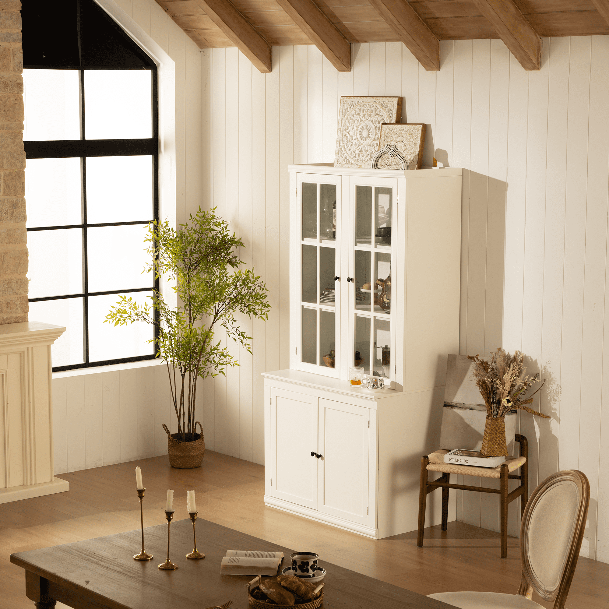 Euroco 75.25''H 36.25''W Freestanding Pantry Cabinet with Glass Door, Farmhouse Display Cabinets with Storage, Hutch with Lattice Window for Hallways, Livingroom Kitchen & Office,White