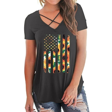 

mveomtd Women Casual Summer V Neck Short Sleeve Independence Day Printing Tunic Top Comfort Blouse Shirts Tops Short Sleeve Scrub Jackets Grey