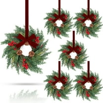 6 Pcs 9'' Mini Christmas Hanging Wreaths with Ribbon Artificial Pine Cones Red Berry Small Candle Ring Wreaths Pillar Wreath for Kitchen Cabinet Farmhouse Front Door Window Wall Xmas Holiday Decor