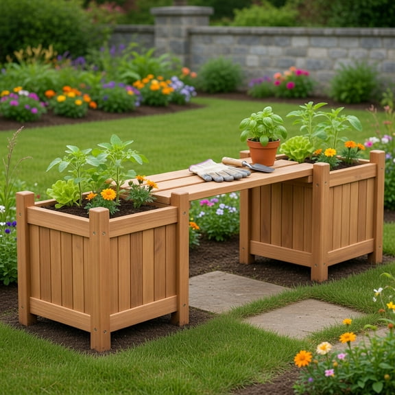 Spaco 3-in-1 Outdoor Wooden Planter Bench Set, Dual Side Garden Beds Seating, Natural & Orange Fir Wood Patio Furniture