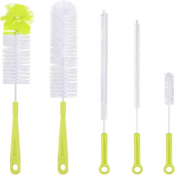 Dsseng 5Pcs Green Bottle Cleaning Brush - Long Handle Bottle Cleaner for Washing Narrow Wine/Beer Bottle, Thermos, Hummingbird Feeder, Sport Well, Plus Kettle/Straw Brush