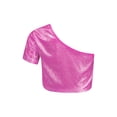 thumbnail image 2 of Hansber Kids Girls One Shoulder Short Sleeve Dance Crop Top Shiny Sparkly Hip Hop Street Crop Hot Pink 140, 2 of 4