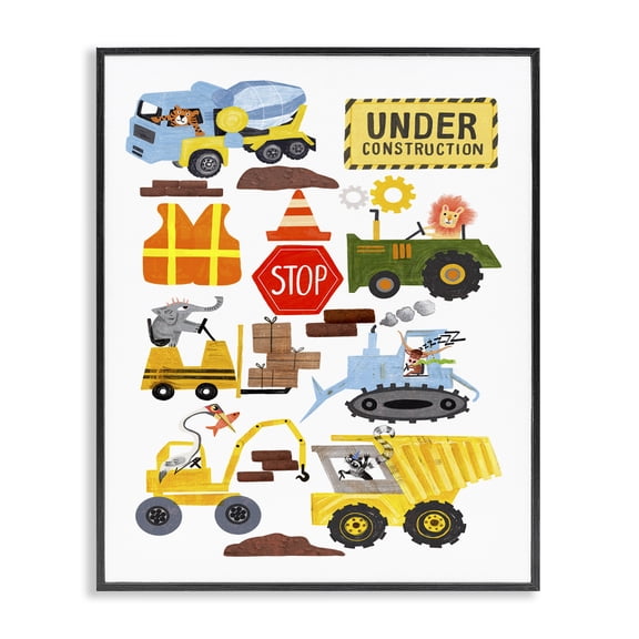 Stupell Industries Modern Construction Vehicles & Animals Black Framed Giclee Art, 11 x 14, by Juliet Rose Philips