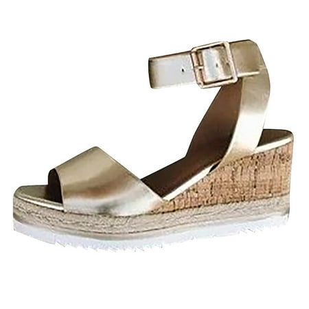 

Alueeu ladies shoes casual Retro Womens Fashion Open Toe Ankle Platform Wedges Shoes Ladies Roman Sandals Gold 37