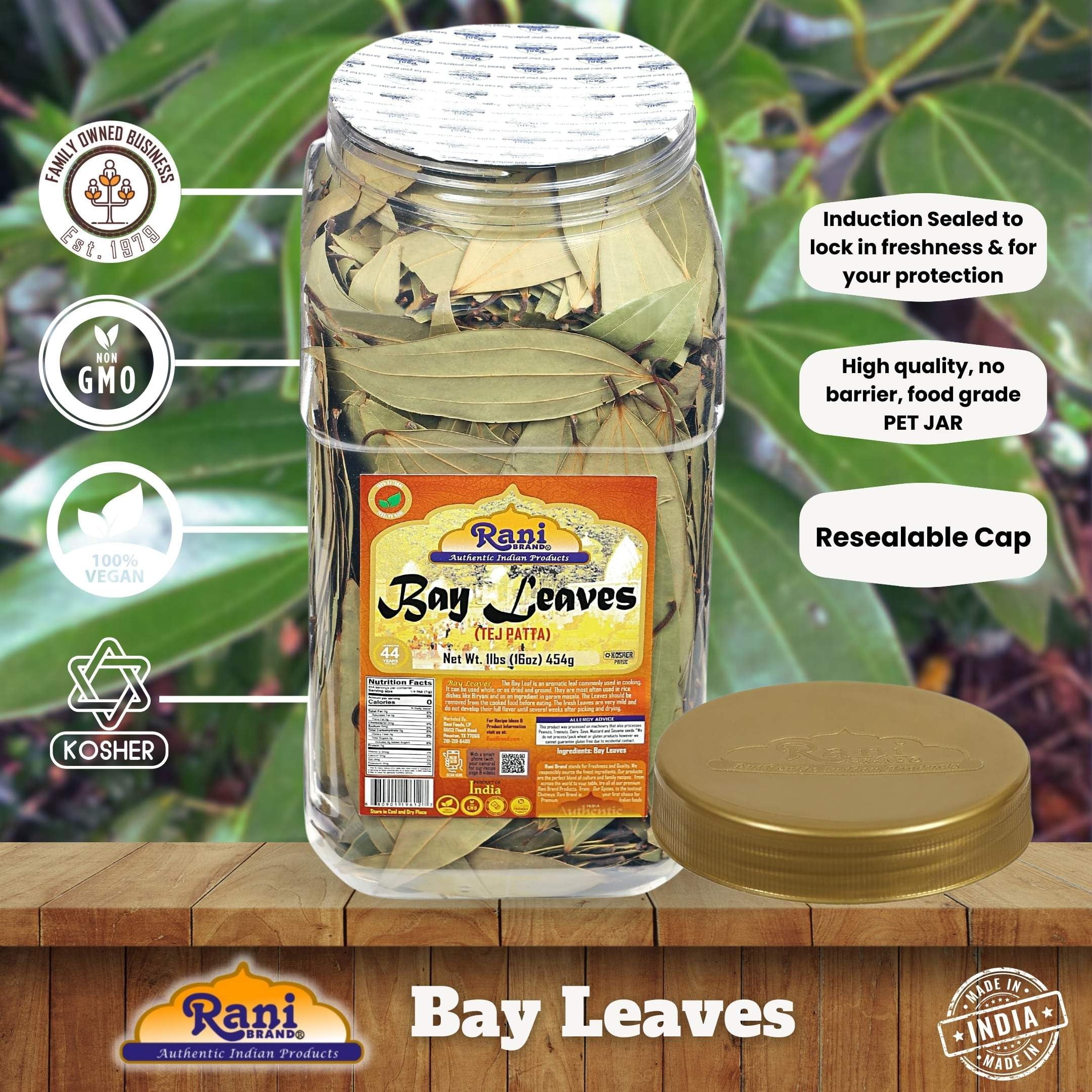 Rani Bay Whole Leaf (Leaves) Spice Hand Selected Extra Large 16oz (1lb) 454g Bulk PET Jar ~ All Natural | Gluten Friendly | NON-GMO | Vegan | Kosher | Indian Origin (Tej Patta)