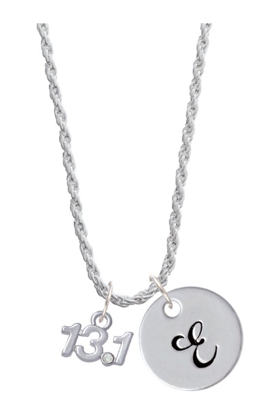 Silvertone Half Marathon - 13.1 with Clear Crystal Silvertone Script Initial Disc - E - Charm Necklace, 20"+3"