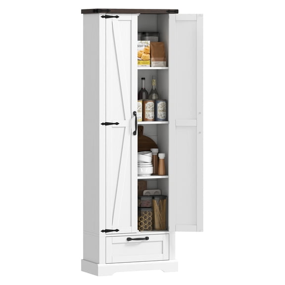 Pantry Cabinet, 71" White MDF Kitchen Storage Cabinet with Barn Doors, Adjustable Shelves and Drawer for Dining Room