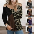 thumbnail image 3 of Gvmfive Women Scoop Neck Cold Shoulder Chain Strap Shirt Casual Loose Leopard Patchwork Blouse, 3 of 4