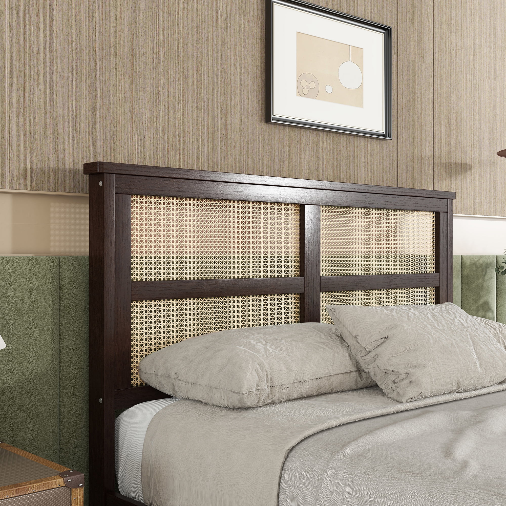 Sailvan Full Size Bed with Rattan Headboard, 2 Drawers, Rubber Wood Bed with Support Slats and Feet