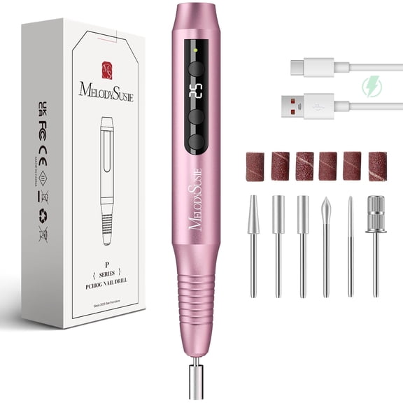 MelodySusie Cordless Portable Nail Drill, 25,000 RPM PC180G Rechargeable Nail E-file Kit, with Drill Bits & Sanding Bands, Pink