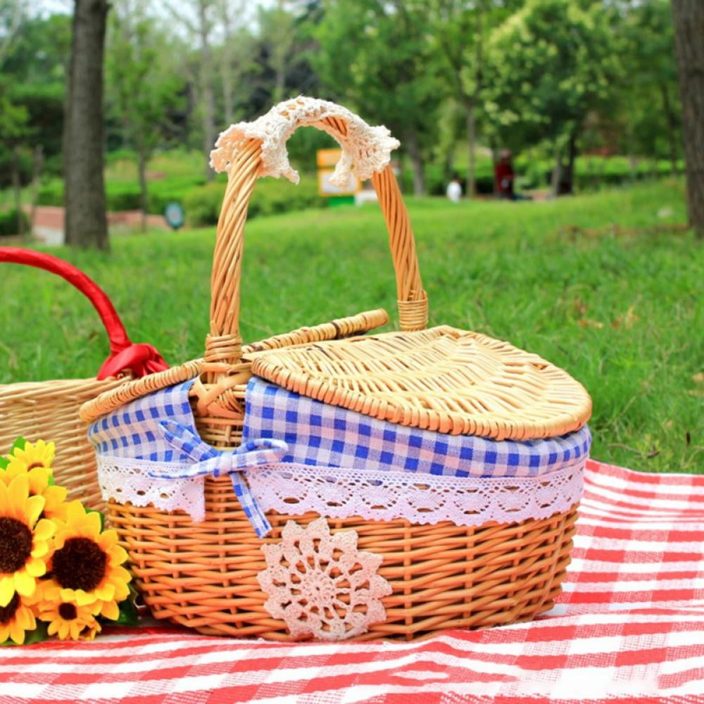 JVSISM Country Style Wicker Picnic Basket Hamper with Lid and Handle & Liners for Picnics Parties and BBQs 