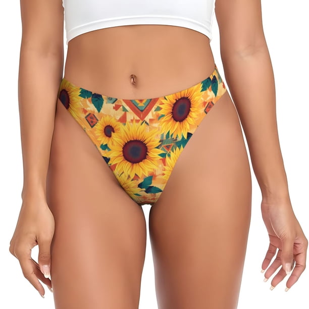 Balery Bohemian Sunflower Tangas de Algodón para Mujer con Estampado – Ropa Interior Sexy, Transpirable, G-string-Medium
