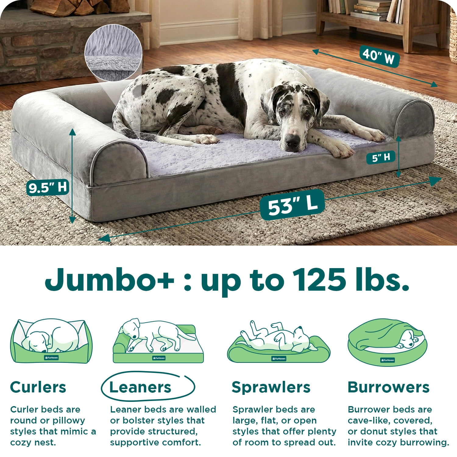 FurHaven Classic Sofa Orthopedic Dog Bed for Joint Support, Removable Washable Cover, Jumbo Plus/XXL, Faux Fur & Velvet, Dark Sage, 1 Count