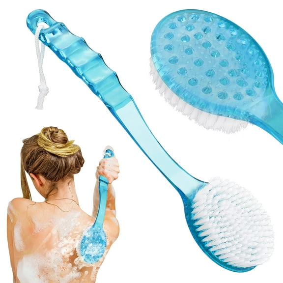 EEEkit Exfoliating Shower Brush with Long Handle, Dual-Sided Back Scrubber, 14.2" Hangable Body Back Massager for Women Men