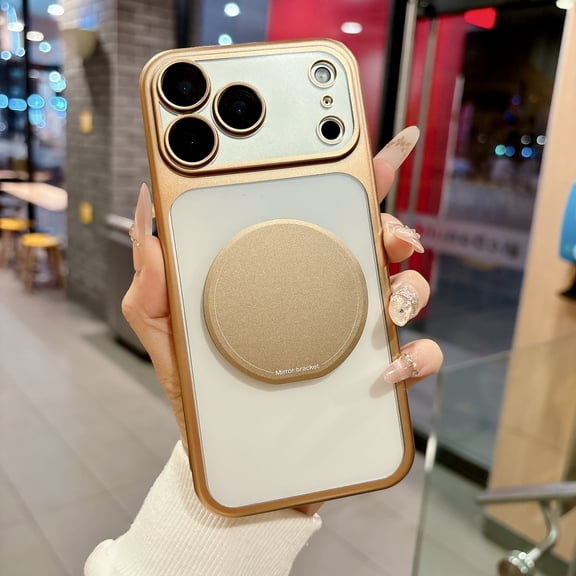for iPhone 17 Pro Magnetic Case, Compatible with Magsafe Shockproof Cute Plating Clear Cover Girls Women with Makeup Mirror Ring Kickstand & Camera Lens Protector for iPhone 17 Pro, Gold