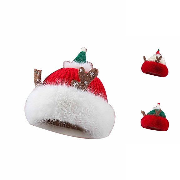 XIAOCHA Women’S Reindeer‑Horn Beanie,Fur‑Trim Fall‑Winter Outdoor Toque,Red