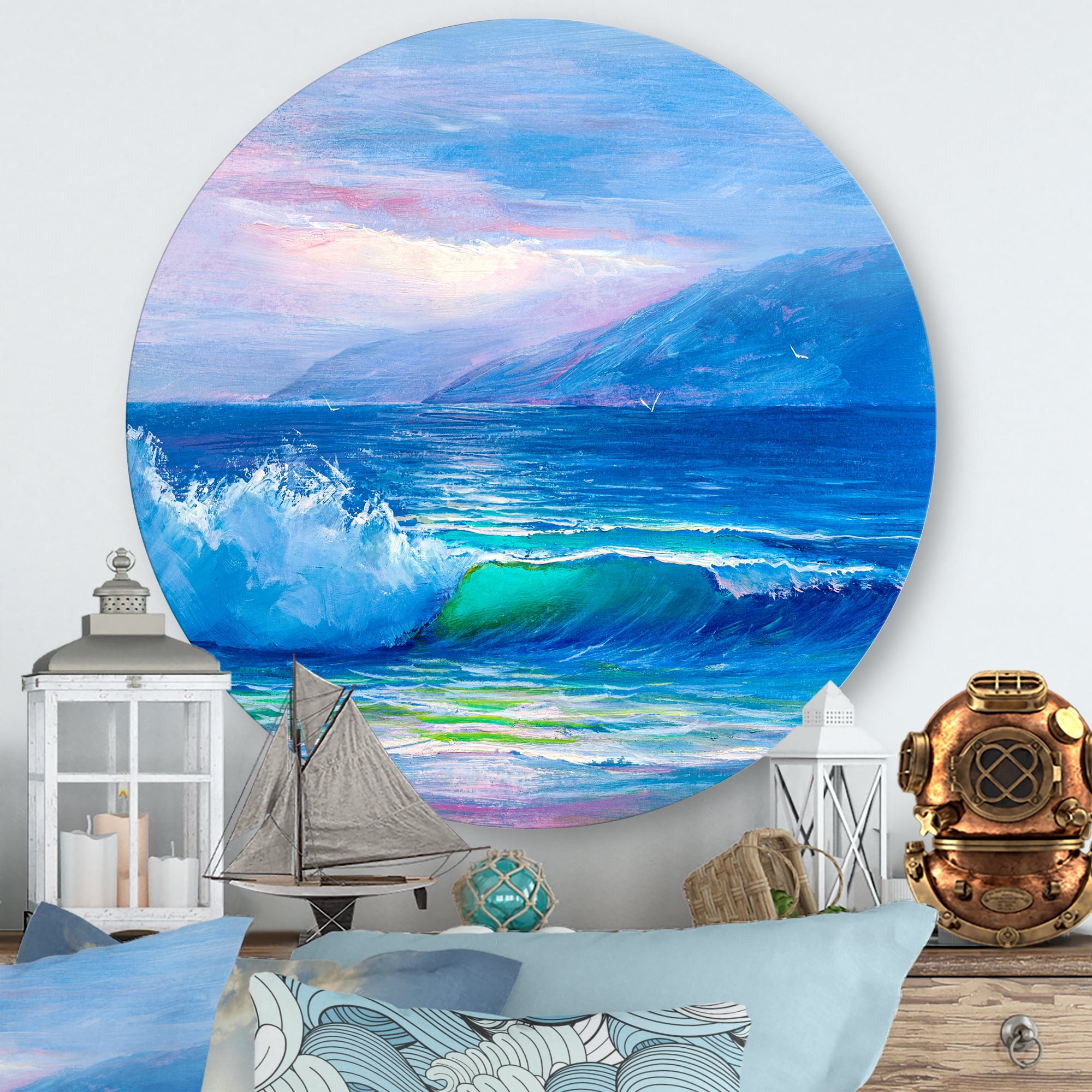 Blue Waves Breaking At The Beach Landscape II 11 in x 11 in Painting Art Prints, by Designart