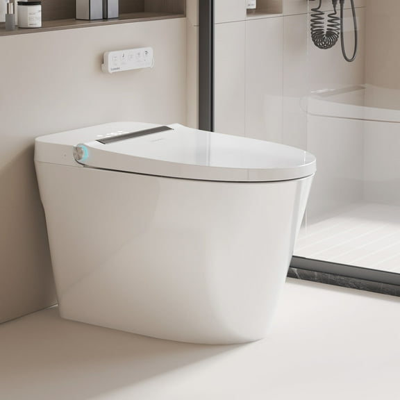 Luoware Smart Bidet Toilet, One Piece Elongated Toilet with Built-in Bidet Seat, Pump-Assisted Auto Flush, Foot Sensor, Heated Seat, Warm Water & Dryer, LED Display, Night Light, Remote Control