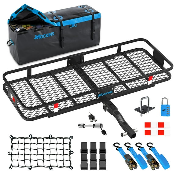 Mockins 60"x20"x6" Rear Hitch Cargo Carrier with 16 Cu.Ft. Blue Cargo Bag and Accessories