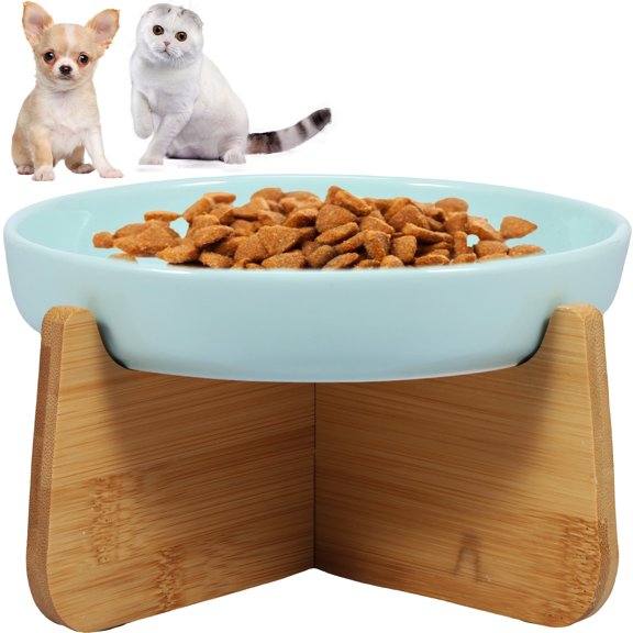 Evjurcn Raised Cat Bowl Elevated Cat Bowls with Wood Stand Ceramic Raised Cat Slow Feeder Bowl 6.4×1.14 Inch Cat Feeding Bowl Anti Vomiting Cat Food Bowl Non-Slip Cat Dish Feeder for Cat