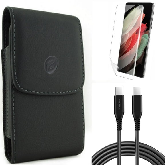 10ft Long USB-C Cable w Case Belt Clip w Matte Screen Protector for Samsung Galaxy S21 Plus - PD Fast Charger Cord Power, Leather Holster, TPU Film Anti-Glare Accessory Bundle