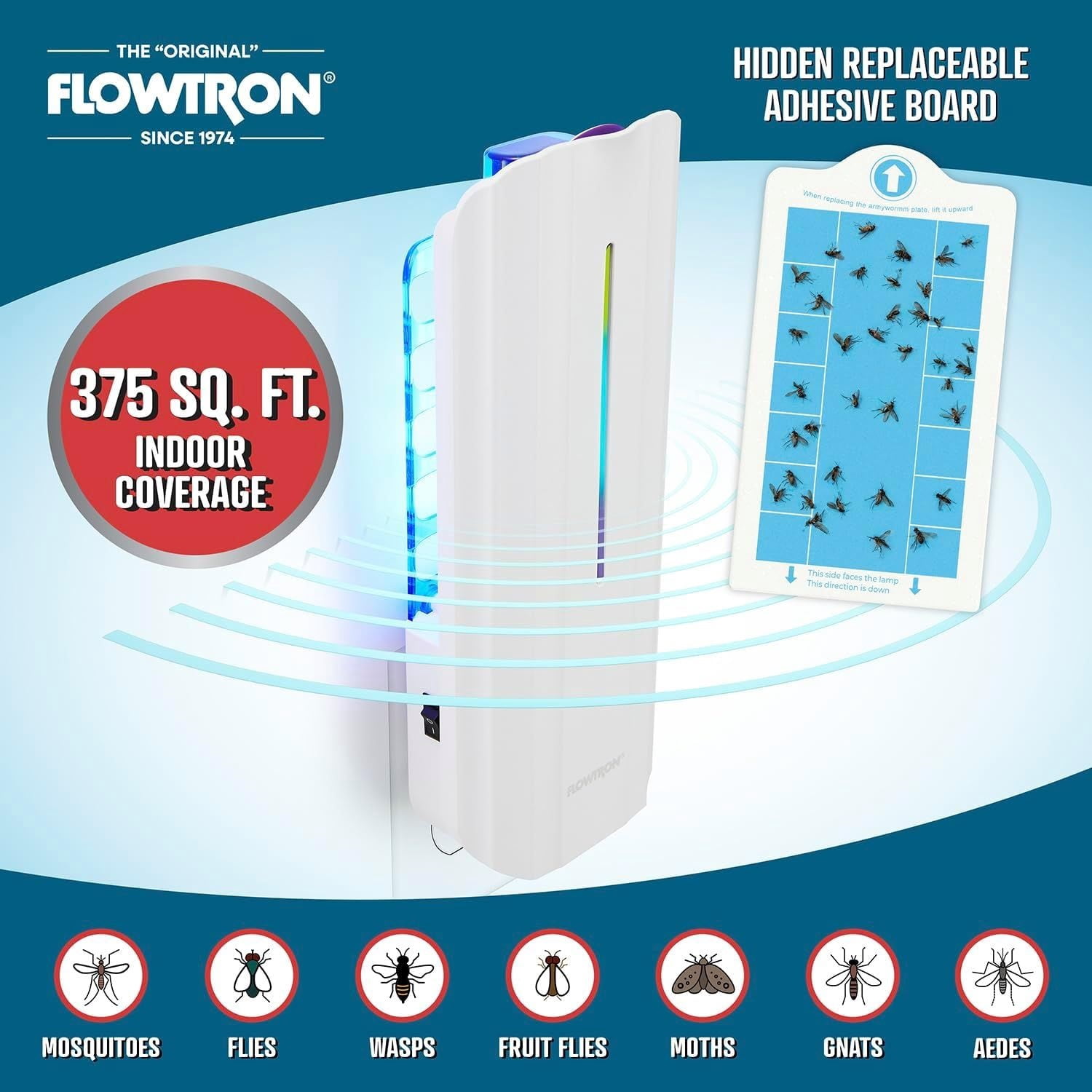 Flowtron Indoor Fly Trap, 9W UV Light, Silent Mosquito & Gnat Catcher, 375 Sq Ft - White