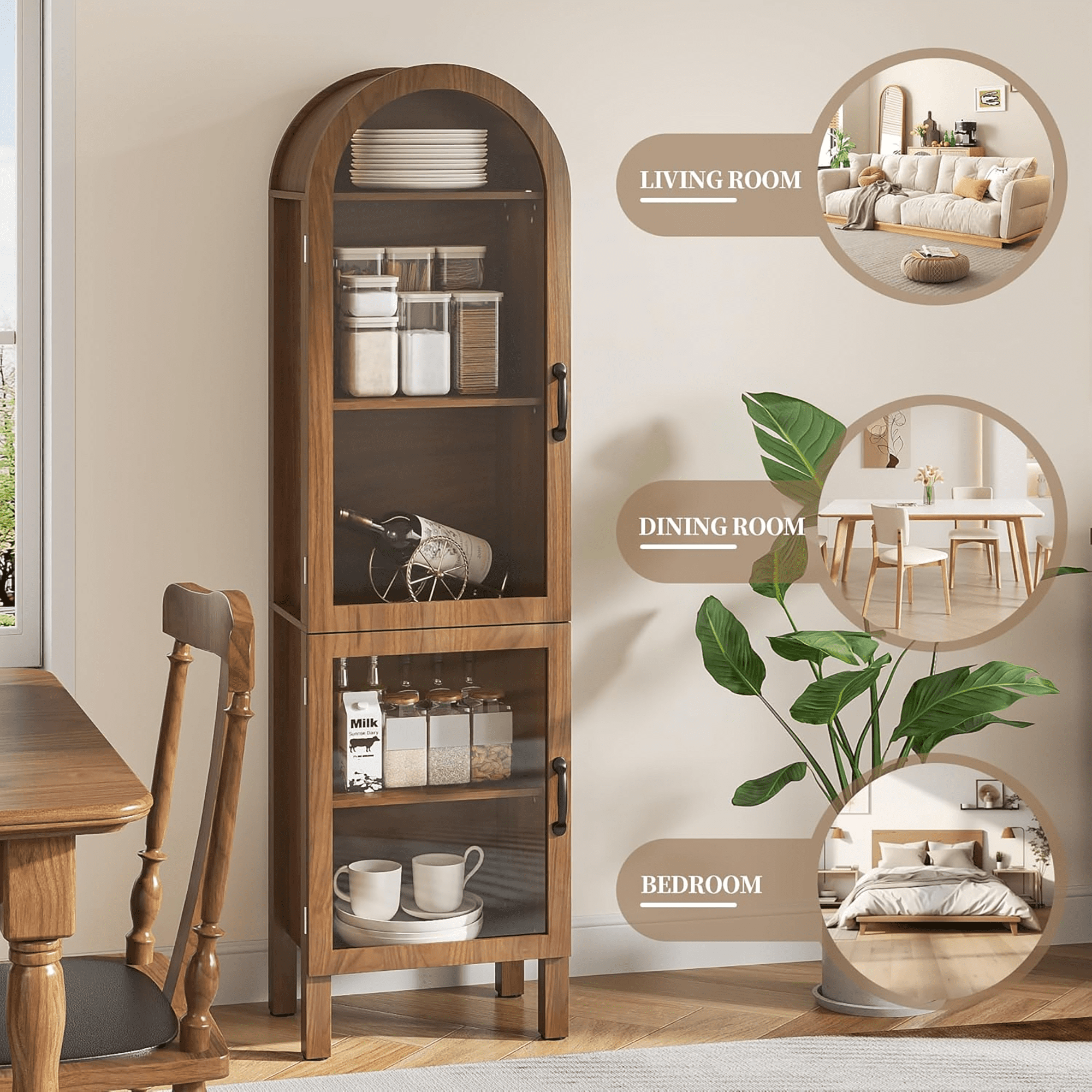 Tall Arched Storage Display Cabinet 5-Shelf with Acrylic Glass Doors, Kitchen Pantry Storage Cabinet Accent Cabinet Bookcase for Living Dining Room