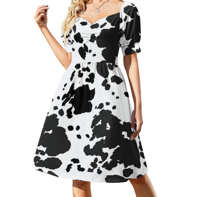 Vestido de manga corta con estampado de vaca, ropa de fiesta, vestidos para mujer, atuendo de festival, vestidos de verano para mujer, vestido 2025