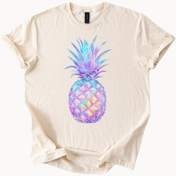 Kiraa Tee With Holographic Rainbow Pineapple Graphic Tee Iridescent Fruit Art Shirt Pastel Tropical Aesthetic Summer T Shirt Unisex Soft Cotton Birthday Gifts; For Men & Women