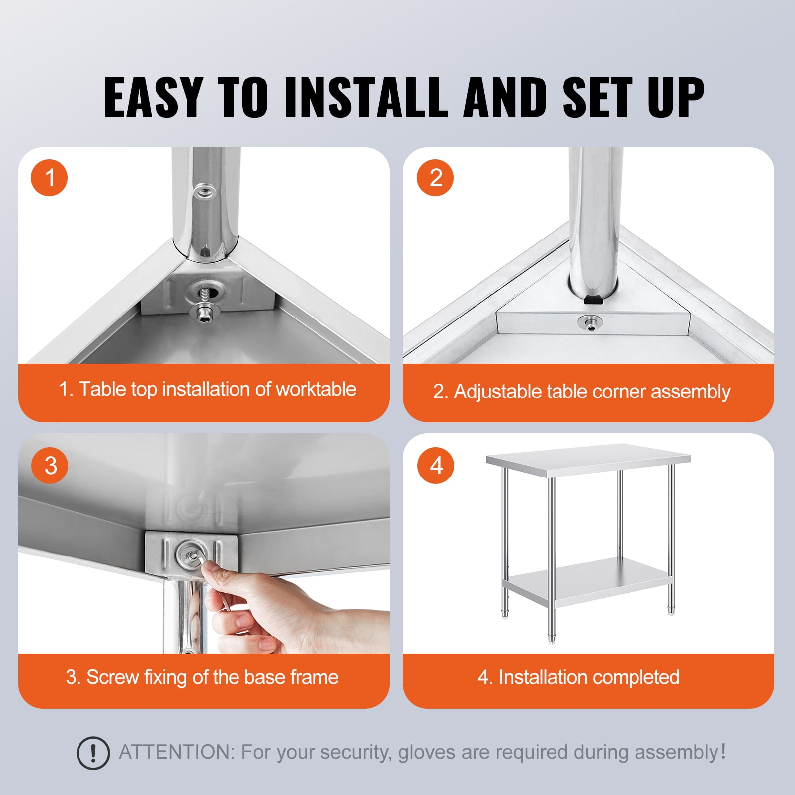 KFFKFF Metal Prep Station, 24x36x34 in, Supports Up to 750 lbs, Durable Stainless Steel Table with 3 Height Settings, Ideal for Kitchen, Garage, or Commercial Use