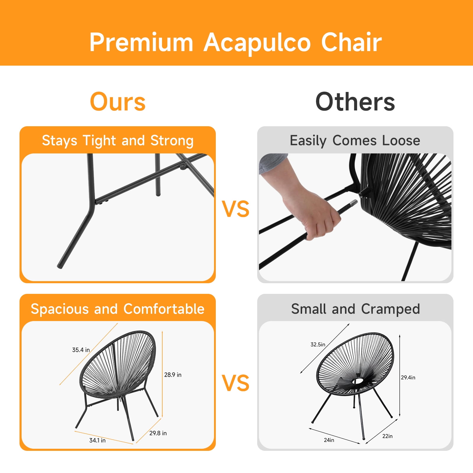 Dovov Acapulco Chair Set of 2, Outdoor Seating Patio Chairs Modern Wicker Bistro Chairs All-Weather Papasan Chair for Balcony Garden Backyard Porch Deck, Black
