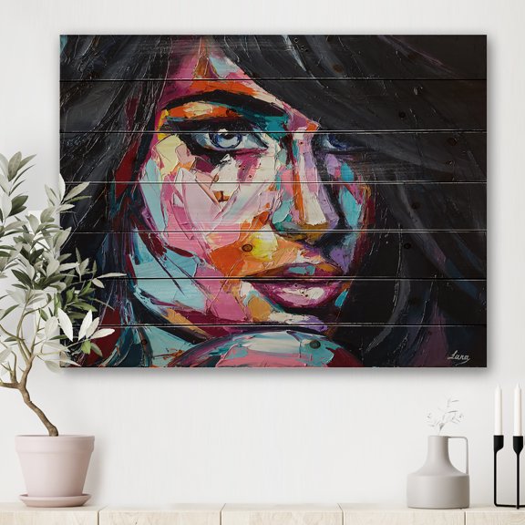 Designart 'Abstract Colorful Fantasy Portrait Of A Young Woman II' Modern Print on Natural Pine Wood
