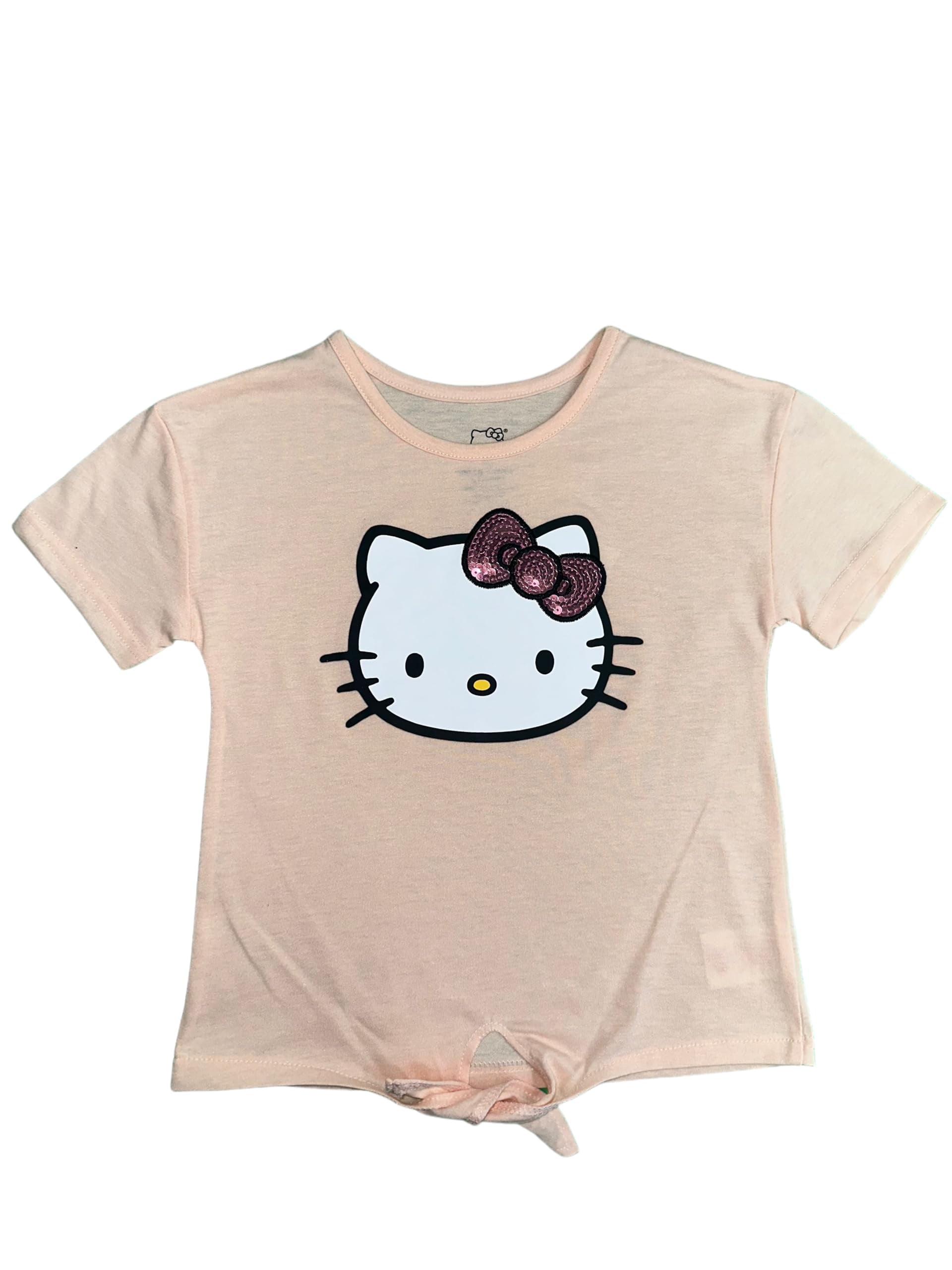 Hello Kitty Girls 2-Piece Fashion Tee Shirt and Active Short Set with Tie Front Top and Fashion Dolphin Shorts Summer Clothes for Little Girls (Peach, 4)