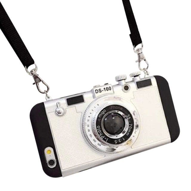 3D Phone Case Vintage Camera Design Silicone Cover with Long Strap Rope for Mobile Phone