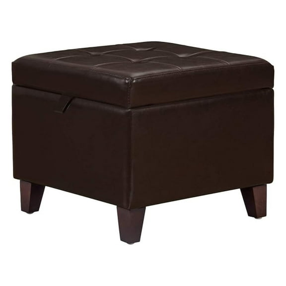18 Inch Storage Ottoman, Faux Leather Tufted Ottoman with Wood Legs - Brown Foot Rest for Living Room, Rectangular Storage Cube