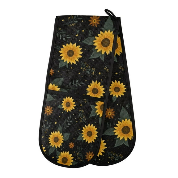 35" x7" Double Oven Mitt Heat Resistant Oven Gloves Withstands Up to 200°C for Kitchen Baking & BBQ Yellow Sunflower Pattern
